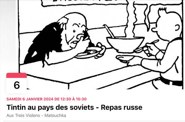 Bannière Facebook. Tintin au pays des soviets - Repas russe. Organisé par les Agapes des Joyeux Turlurons. 2024-01-06